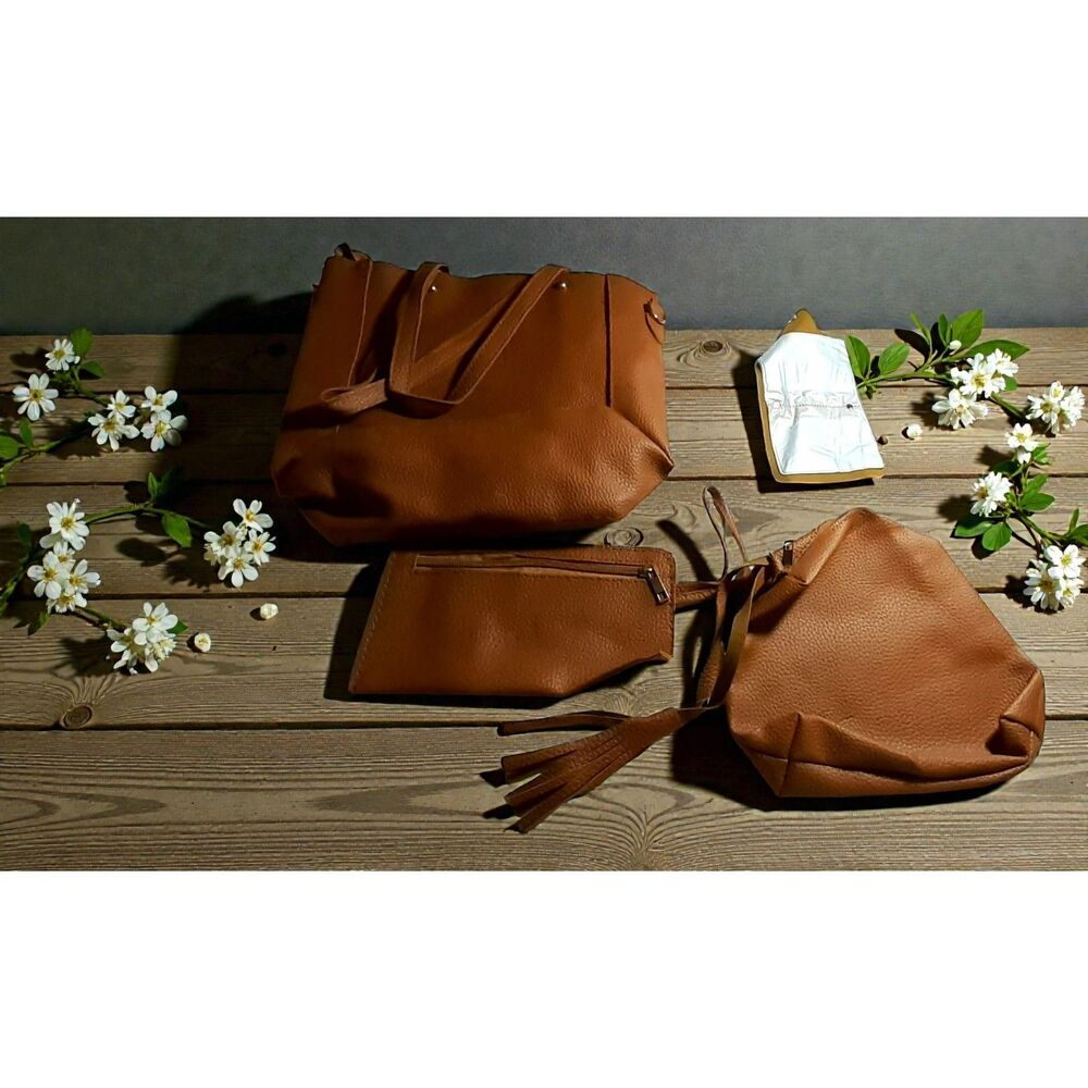 4-Piece Brown  Faux Leather Handbag Set – Tote, Crossbody, Pouch & Wallet